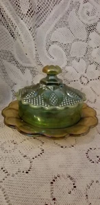 vintage Green Carnival Glass Butter Dish - Picture 1 of 7
