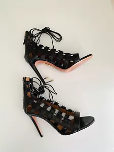 AQUAZZURA Amazon Black Python Leather Strappy Lace Up Sandals Size 38 - Picture 1 of 9