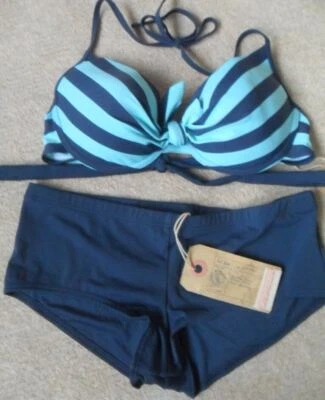 FAT FACE NAUTICAL STRIPE WIRED PADDED HALTERNECK BOYSHORTS BIKINI  12  14  14-16 - Image 1 of 4