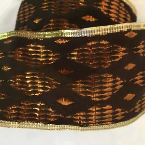Inspirations Craft Ribbon 2” By Fabricland Brown Diamond Argyle Gold Wired - Picture 1 of 8