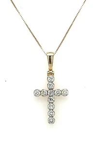 14k Gelbgold Diamant Kreuz Anhänger an 16 Zoll 14k Box Kette. - Bild 1 von 10