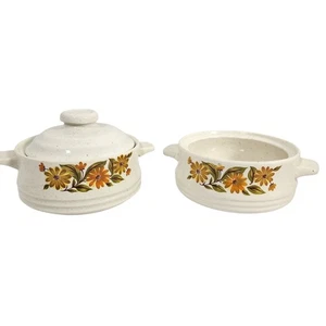 Vintage Backen Servier Vorrat Steinzeug Auflaufform Deckel Floral Gelb Blume - Bild 1 von 7