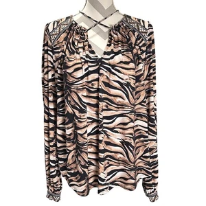 Hale Bob Animal Print Long Sleeve Blouse Top V Neck Size L - Picture 1 of 8