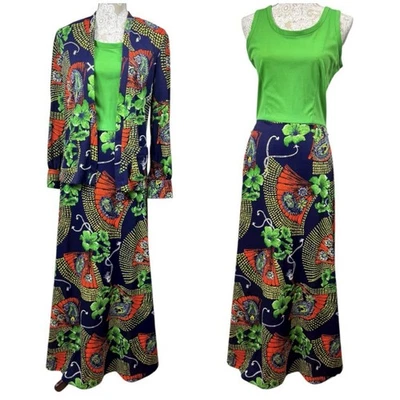 VINTAGE 60s Kitty Size S/M Maxi Hostess Dress Jacket Set Mod GoGo Floral Fans - Image 1 of 4