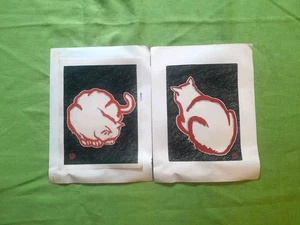 Two Sadanobu Hasegawa Red Cat Woodblock Prints Signed 8.5" x 11.25" - Picture 1 of 16