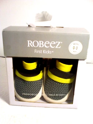 NUEVOS ZAPATOS DE BEBÉ INFANTIL ROBEEZ FIRST KICKS NEGRO VERDE TALLA (0-3 MOS.) SUELA DE CUERO Foto 1 de 4