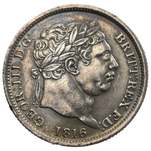 1816 Great Britain Silver Coin One Shilling 1S 12p King George III New Head 4H - Bild 1 von 2