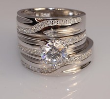 Set Wedding Engagement Rings L7 m 10 Men And Ladies White Gold Finish Trio
