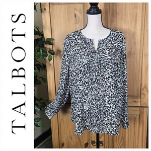 Talbots Top XL 16-18 Black-Brown-Gray Stone Print Split Neck Pintuck Long Sleeve - Picture 1 of 11