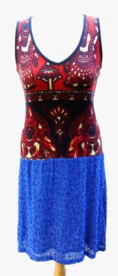 Vestido AMES De Colección CUSTO BARCELONA Bordado Boho Gitano Geométrico Encaje Azul L Foto 1 de 4