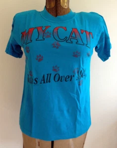 my cat walks all over me vintage 90s cotton t-shirt unisex small kids sz 14 - 16 - Picture 1 of 8