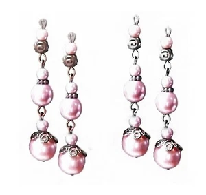 Earrings pink pearl long drop dangle, choose clip on or pierced - Picture 1 of 4