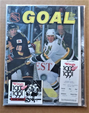 Red Wings vs North Stars 1-02-1990 Program, Roster Sheet & Game Ticket - Modano Cover