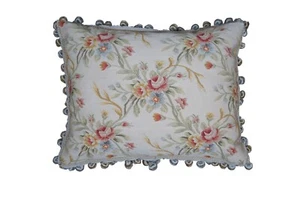 Silk Embroidered Down Filled Floral Lumbar Throw Pillow Cushion w Tassels 20" - Picture 1 of 10