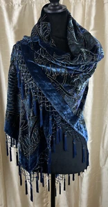 Chico's RIESIGES Klavier Fransen Perlen blau Samt Halstuch Schal 42" Quadrat Burnout - Bild 1 von 13