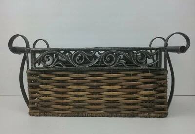 Decorative Basket Wood Wrought Iron Display Scroll Work Handles Sturdy - Image 1 of 4