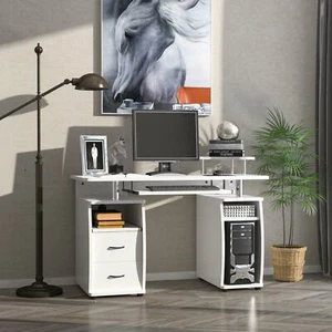 Computer Desk Office PC Table Workstation with Keyboard Tray, Drawers, White - Picture 1 of 10