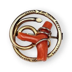 Antique Love Knot Brooch Solid 14K Gold Red Branch Coral Edwardian 1900s 7/8"    - Picture 1 of 12