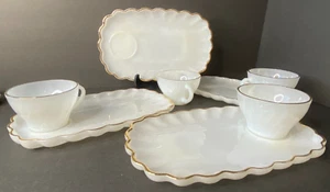 Fire King Anchor Hocking Gold Trim Milk Glass Snack Plate and Cup set of 4 Vtg - Picture 1 of 4