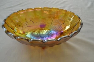 Vintage Karneval Glas Traube 12" Fuß ovale Obstschale Bernstein irisierender Glanz - Bild 1 von 6