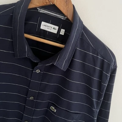 Lacoste Shirt Size FR 46 XXL 2XL Mens Navy Blue Stripe Linen Cotton Short Sleeve - Image 1 of 4