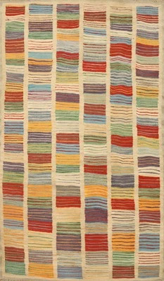 条纹边饰手工编织地毯 3x5 蔬菜染料东方双面地毯 — 第 1/4 张图片