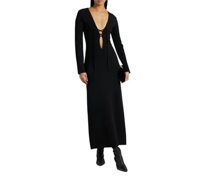 Novo com etiquetas Altuzarra Vestido Maxi Feminino de Malha Elástica com Cadarço Pequeno Preto Manga Longa NOVO - Imagem 1 de 4