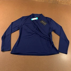 Montgomery Post Womens Petite Large Navy Long Sleeve Pullover Surplice Top NWT - Picture 1 of 10