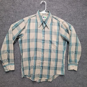 Vintage Mr DEE CEE Shirt Mens M Tan Blue Plaid Button Up Long Sleeve - Picture 1 of 6