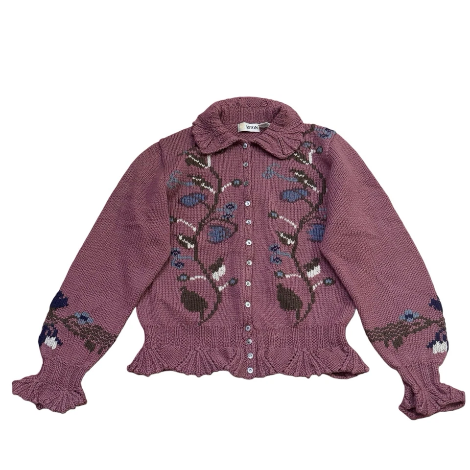 Cárdigan Floral Vintage ASTON 100% Lana Botón Cuello Frontal/Rosa Polvoriento Foto 1 de 4