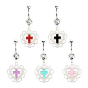 Cross Pendant Crystal Navel Belly Button Ring Bar Silver Dangle Piercing Jewelry - Picture 1 of 12