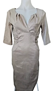 Queenspark Women's Dress Size 10 Gold Shimmer 3/4 Sleeve Gathered Lined Back Zip - Picture 1 of 9