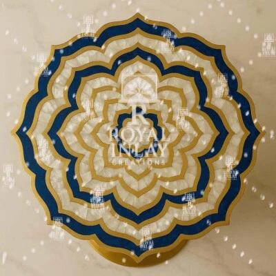 18" MoP & Lapis Lazuli Lotus Table Handmade Gemstone Inlay Accent Table - Image 1 of 4