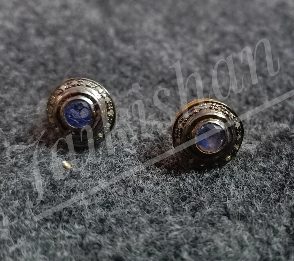 Zaffiro Blu Gemma 925 Argento Sterling Pavè Diamante Borchie Handmade Orecchini - Immagine 1 di 3