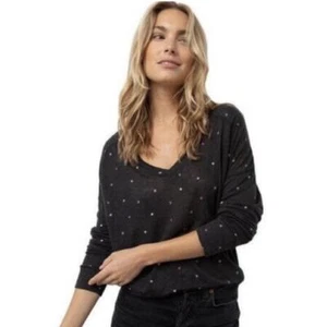 Rails Neu ohne Etikett Sami schulterfreies T-Shirt V-Ausschnitt Leinenmischung in Schwarz Goldfolie Stern-Med - Bild 1 von 10