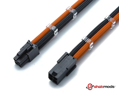 4 Pin 30cm Black & Orange CPU Mobo Sleeved Extension Shakmods + 2 Cable Combs - Image 1 of 4