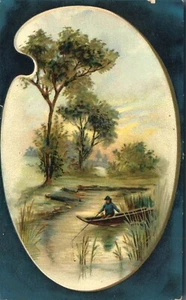 Paleta de artistas escena del lago hombre pescando en bote de remos 1909 postal en relieve - Imagen 1 de 2