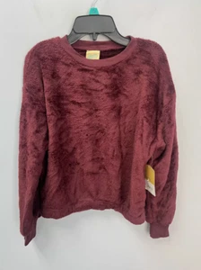 Thereabouts Burgundy Long Sleeve Faux Fur Crew Neck Pullover Girls - Picture 1 of 5