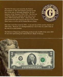 Series 2003 $2 Star Note Low # FRN Chicago in BEP OGP Minor Miscut (L5344) - Picture 1 of 3