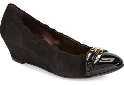 NUEVO AGL Mujer Medallón Gamuza/Patente Cuero Cuña Pump 37.5/US 7.5 Negro Combo Foto 1 de 4