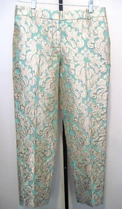 J. Crew Collection Women's Mint Green & Gold Metallic Jacquard Pants Size 4 - Picture 1 of 5