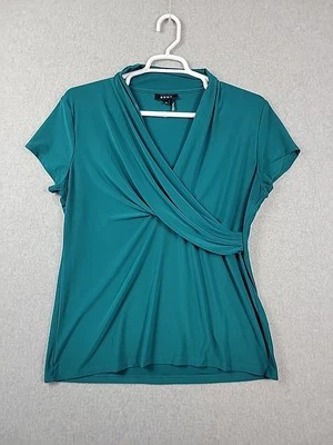 DKNY Teal Green Short Sleeve Ruched V Neck Stretch Career Blouse Womens Plus XXL - Image 1 of 4