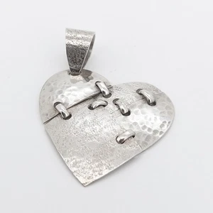 Silver Stitched Heart Pendant Hammered Artisan Articulated 925 Sterling Silver - Picture 1 of 10