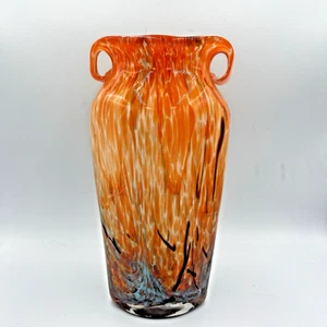 VTG Murano Hand-Blown Orange & Blue Splatter Art Glass Vase Applied Handles - Picture 1 of 9
