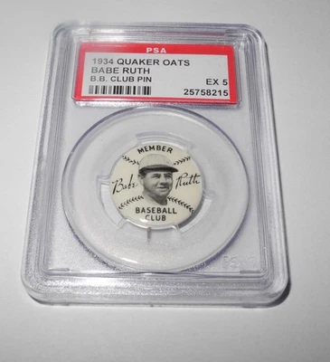 1934 Baseball Quaker Oats Babe Ruth Member Club Boston Braves Souvenir Pin PSA 5 - Image 1 of 2