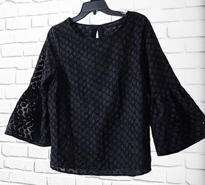 Tommy HILFIGER Sheer Crinkle Polkadot Top SMALL Bell Sleeves Keyhole Navy Blue  - Picture 1 of 6