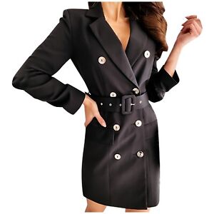 Women's Double Breasted Long Sleeve Belt Dress Solid Color Mid Length Jacket