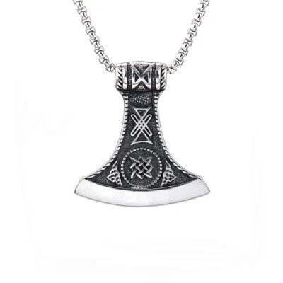 Herren Edelstahl Wikinger Kolovrat Sonne Rad Dreifaltigkeit Knoten Axt Anhänger Halskette - Bild 1 von 4
