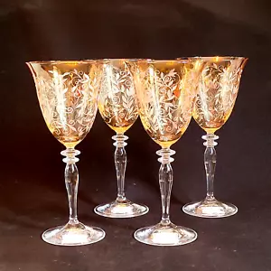 NEW ROGASKA VENETIAN AMBER WINE GLASSES, Etched Lead Crystal, 4PC - Picture 1 of 11