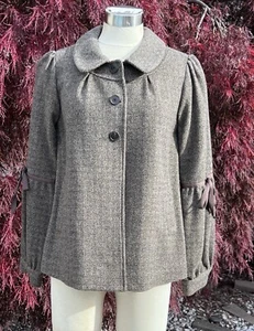 Vintage Tocca 100% Wool Taupe & Black Geometric Tweedy Size 8 Puff Sleeve - Picture 1 of 8
